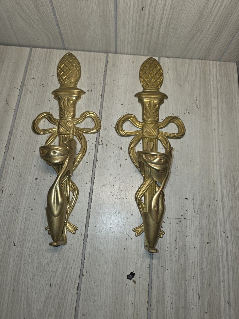 Vtg Brass Wall Candle Sconces Torch Ribbon & Pineapple Gothic Hollywood Regency